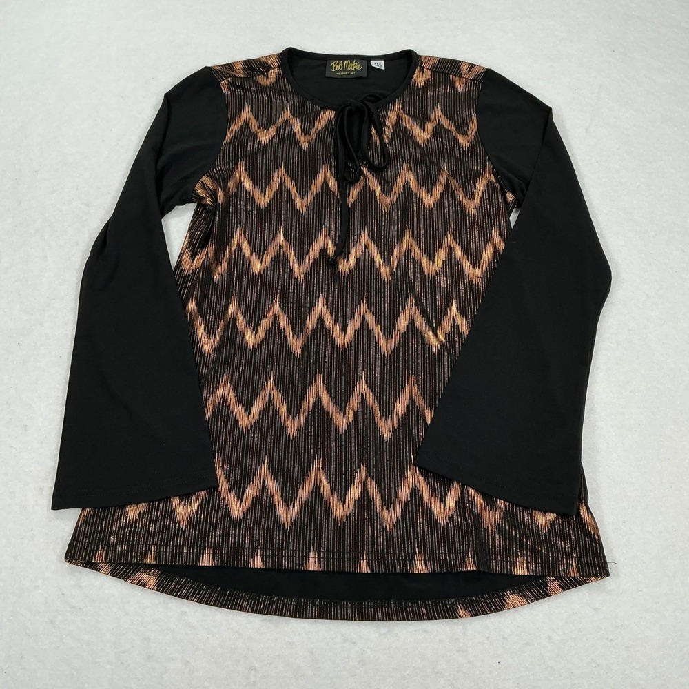 Bob Mackie Wearable Art Black Rose Gold Metallic Chevron Bell Sleeve Tunic XXS